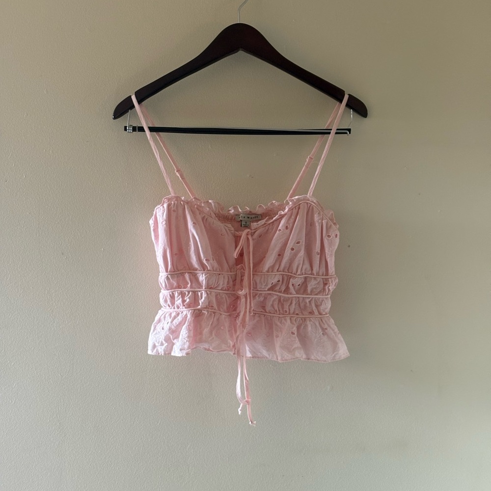 Haute Monde Light Pink Eyelet Ruffle Tie-Front Crop Top